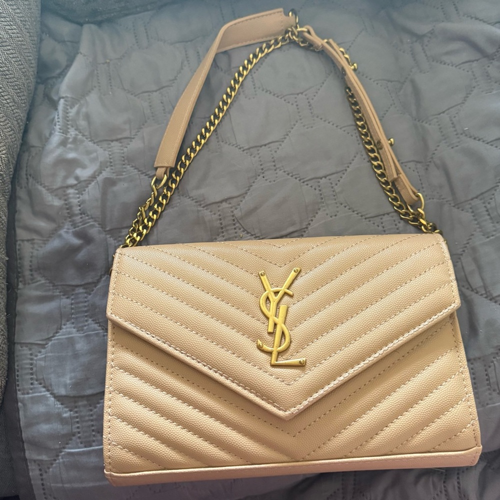 Authentic Saint Laurent Cassandre Envelope Chain Wallet - Grain de Poudre